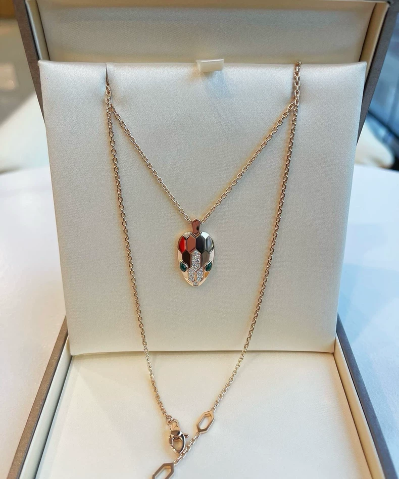 Bulgari Rose Gold Snake Head Necklace SERPENTI Series 18K Rose Gold Diamond Malachite Necklace-2