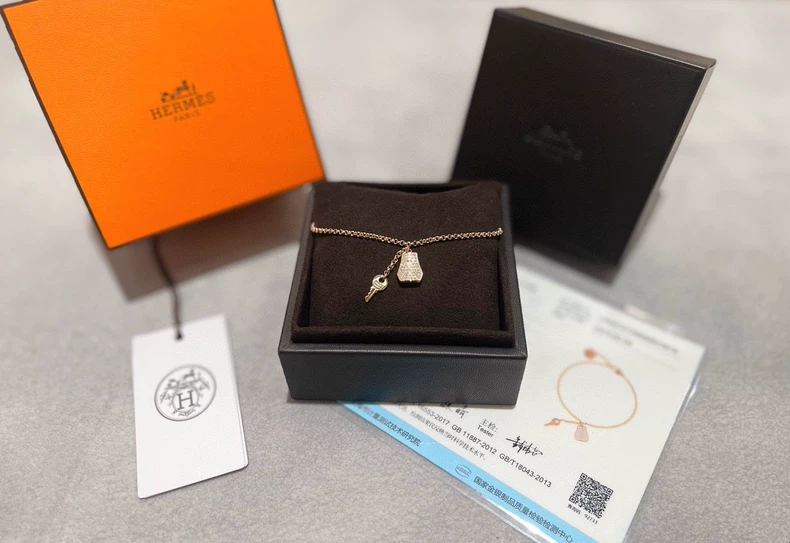 Hermes Kelly Clochette 18k rose gold diamond leather case & key pendant bracelet-2
