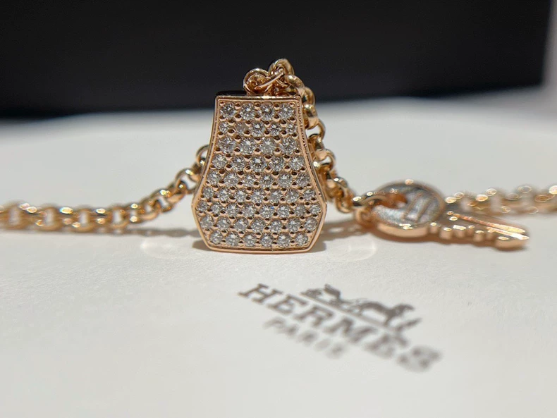 Hermes Kelly Clochette 18k rose gold diamond leather case & key pendant bracelet-3