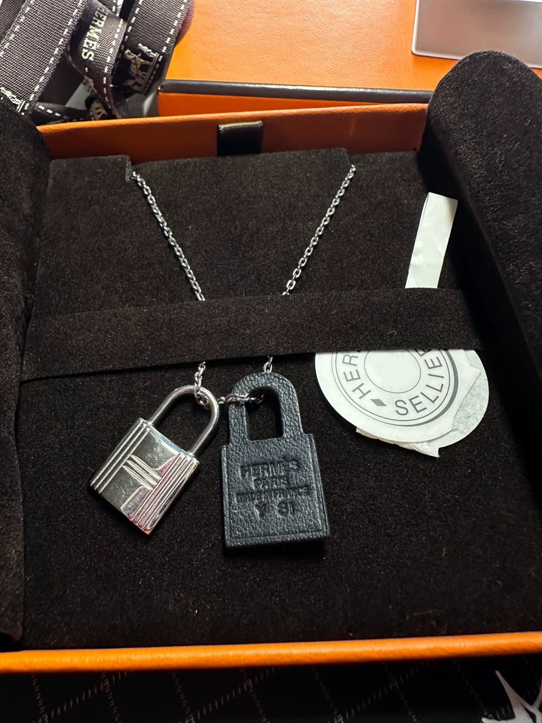 Hermes o'kelly black silver double lock necklace-2