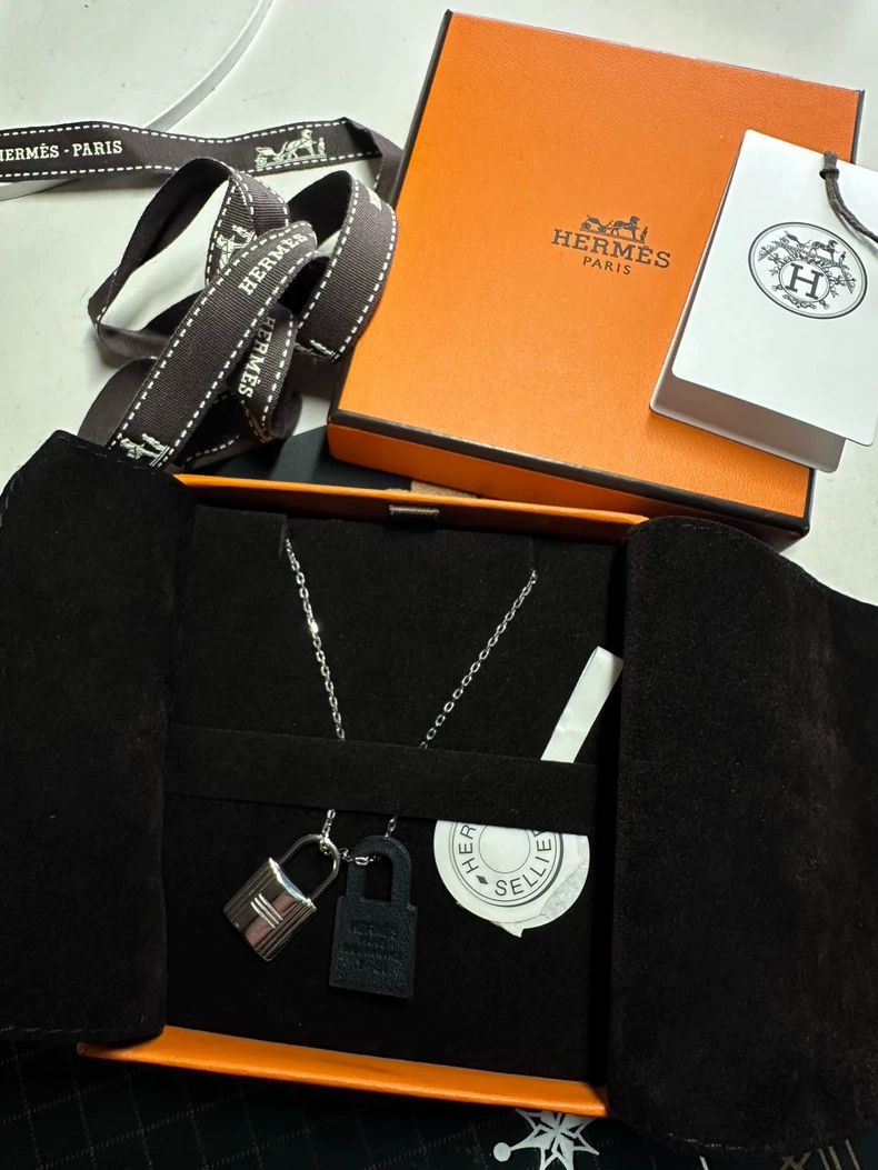 Hermes o'kelly black silver double lock necklace