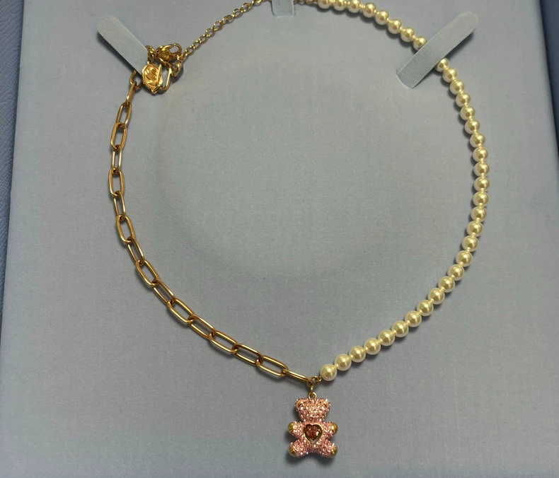 Swarovski Teddy Bear Pearl Necklace, Rose Gold Chain with Crystal Pearls