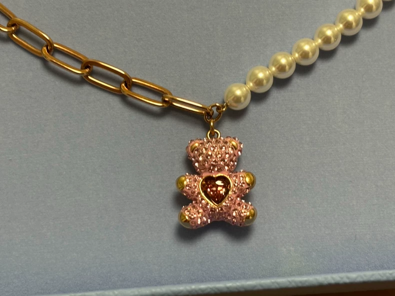 Swarovski Teddy Bear Pearl Necklace, Rose Gold Chain with Crystal Pearls-2