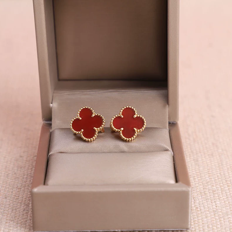 Van Cleef & Arpels VCA Alhambra Four-leaf Clover Red Flower Earrings Medium-2