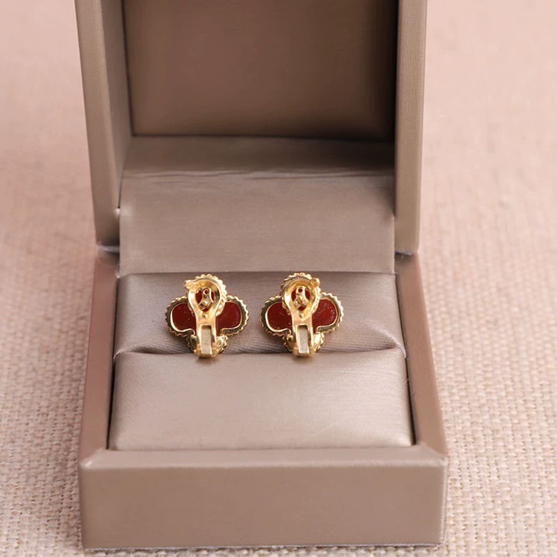 Van Cleef & Arpels VCA Alhambra Four-leaf Clover Red Flower Earrings Medium-4