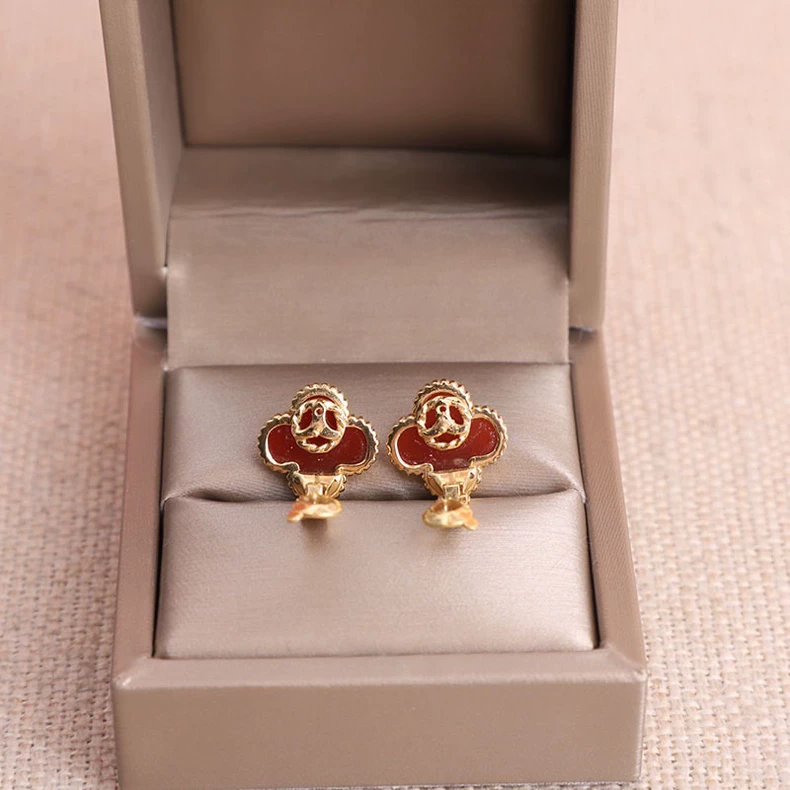 Van Cleef & Arpels VCA Alhambra Four-leaf Clover Red Flower Earrings Medium-3
