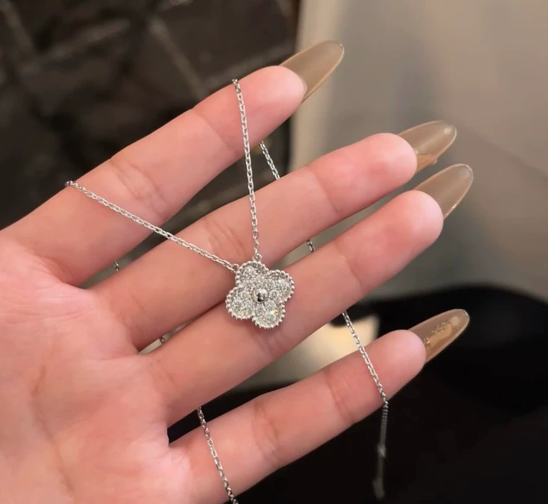Van Cleef & Arpels white gold diamond four-leaf clover medium necklace-4